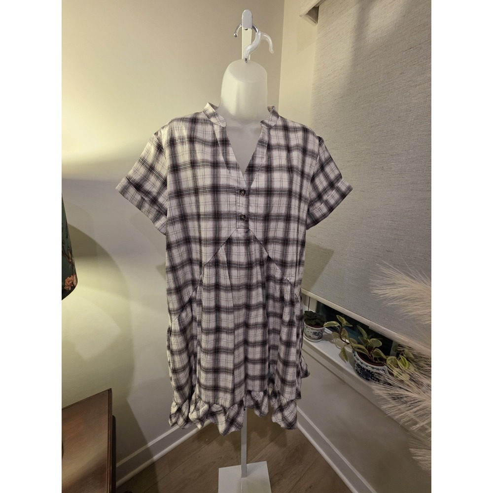 Crinkle Cotton Plaid Babydoll Midi Dress S Brown/White Boho Beachy NWOT - Picture 5 of 16